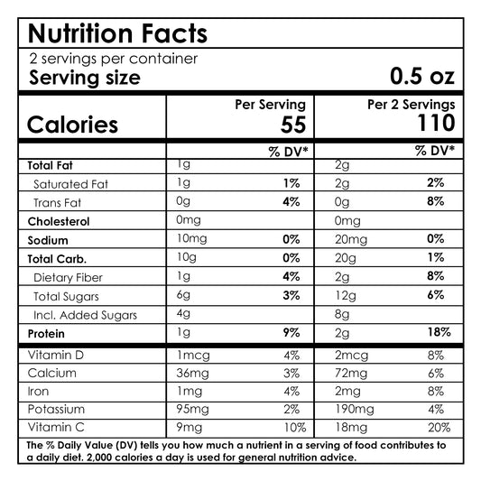 Nutrition facts label for a food product with serving size and calorie information.