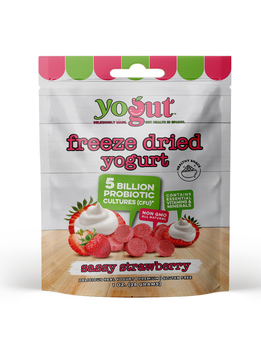 Package of freeze-dried yogurt with strawberry flavor
